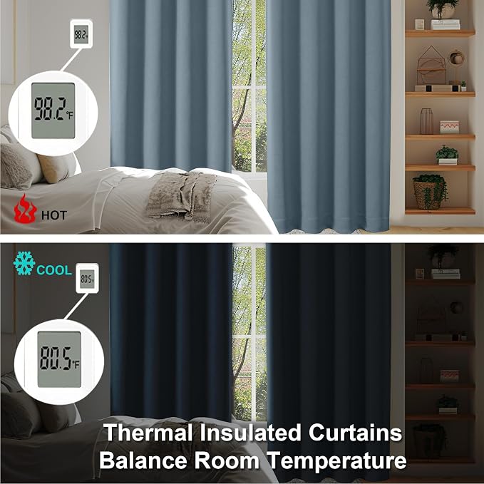 Simplebrand Stone Blue Blackout Curtains for Bedroom 102 Inches Long 2 Panels, Solid Thermal Insulated, Energy Saving Living Room Window Treatment Curtains Blackout Drapes, W50 x L102 Inch, Stone Blue