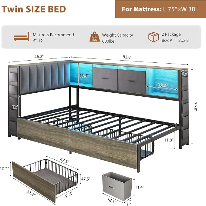 MapleGrace Twin Corner Bed Frame with Upholstered Storage Headboard and Drawers, Metal Platform Bed Frame with LED Light and Charging Station, Twin Daybed for Living Room, Bedroom & Guest Room, Gray
