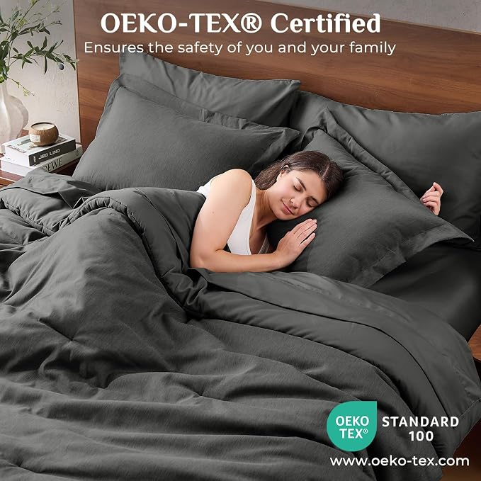 JOLLYVOGUE Dark Grey Queen Comforter Set, Cationic Dyeing Bed in a Bag Queen 7 Pieces, Double-Tone Bedding Set with Down Alternative Comforter, Sheets, Pillowcases & Shams