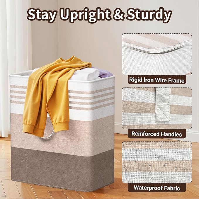 WOWBOX 2 Pack Laundry Baskets, Collapsible Dirty Clothes Laundry Hampers | with Reinforced Handles, Waterproof Coating, 2 Pack for Clean & Dirty Clothes, for Bedroom, Bathroom, Dorm (100L Khaki)