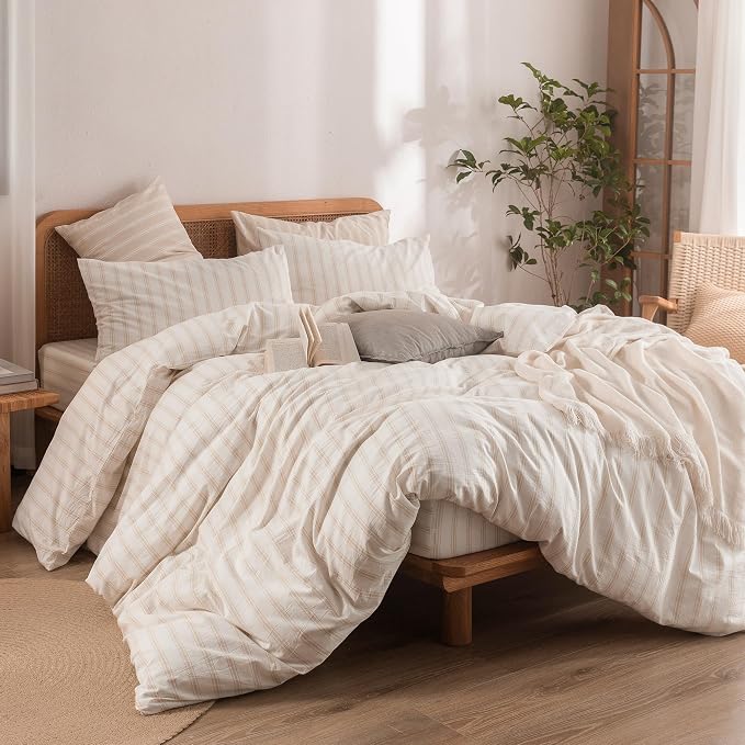 BESTOUCH Striped Cotton Duvet Cover Set Linen Feel California King | 100% Washed Cotton, Soft Wrinkle Texture, Hidden Zipper, 8 Ties, Breathable Lightweight Durable Comfy, 3 Pcs No Insert
