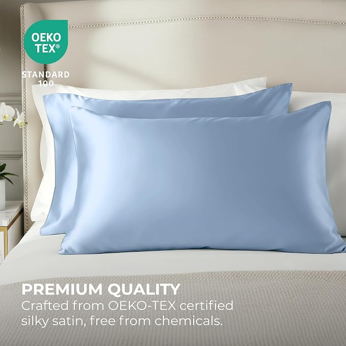 Pure Bedding Satin Pillowcase 2 Pack - King Size (20"x40", Baby Blue) - Silky Pillow Cases for Hair and Skin - Satin Pillow Covers with Envelope Closure - Extra Soft Premium Microfiber