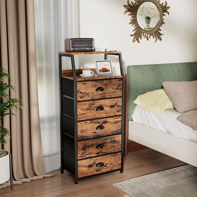 Furnulem Dresser for Bedroom, 5 Drawers Tall Nightstand, Chest of Drawers | Rustic Brown Dresser for Closet, Bedside Table with Fabric Drawer, Metal Frame, Wood Top, Easy Assembly for Dorm, Living Room