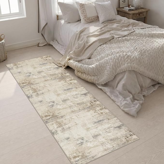 2.6x8 Washable Runner Rug：Modern Abstract Soft Carpet Beige Brown | For Hallway, Bedroom, Kitchen, Laundry, Bathroom,Door Mat,Modern Abstract,Machine washable,Non-Slip,Stain Resistant,Indoor