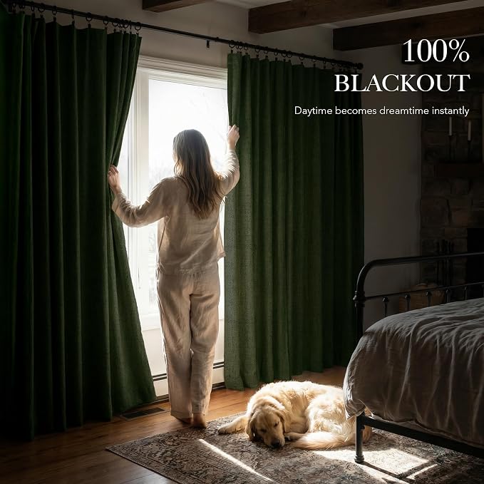 RYB HOME Olive Green 100% Blackout Linen Curtains 90 Inch Long for Office | Luxury Thermal Insulated Room Darkening Back Tab Rod Pocket, for Living Room Bedroom Sliding Doors Dining,W52 x L90,2 Panels
