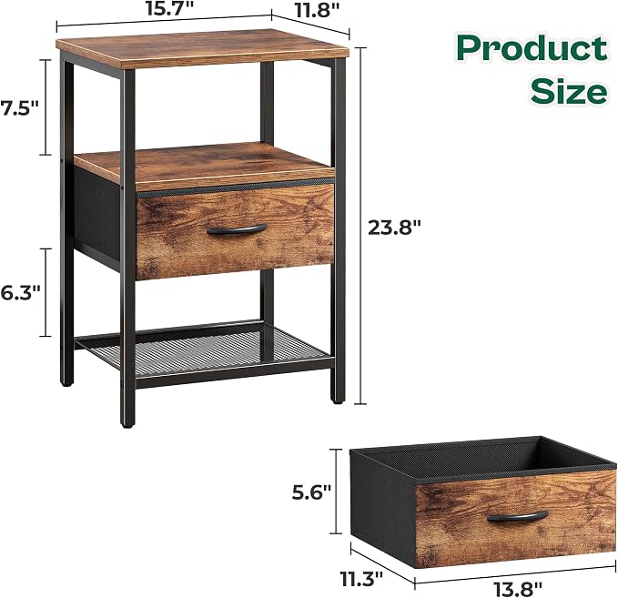 Huuger Nightstand Set of 2, Night Stand with Fabric Drawer, Mesh Shelf | Side Table with Storage, Fabric Drawer Dresser, Open Shelf, Metal Frame, Bedroom, Rustic Brown