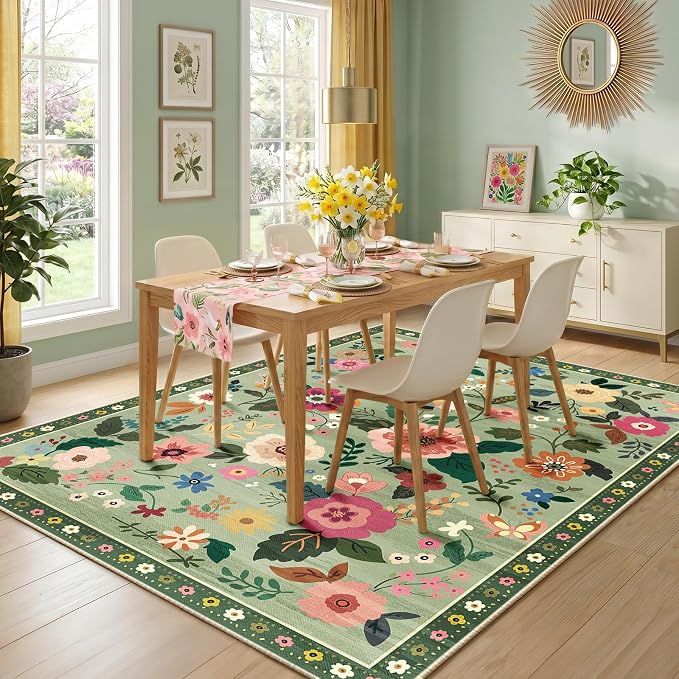 RELEANY Floral Washable 3x5 Area Rugs LightGreen | Flower Carpet, Print, Boho, Non-Slip, Easy to Clean, Soft, Low Pile for Living Room Bedroom Kitchen Office Entryway Hallway