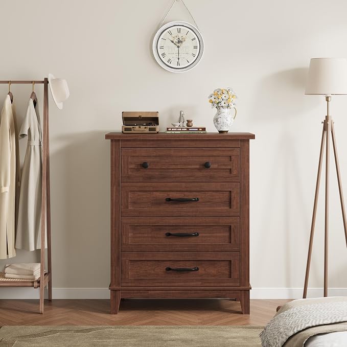 GarveeHome 4 Dresser for Bedroom, 34.8 in Tall Vertical Drawer Dresser with Large Storage, Freestanding Wooden Closet Chest for Bedroom, Living Room, Walunt