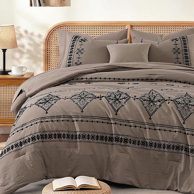 MaiRêve Queen Comforter Set Embroidery Floral 7 Pieces Bed in a Bag | Taupe Grey Boho Farmhouse Bedding Sets with Comforter, Sheets, Pillowcases & Shams