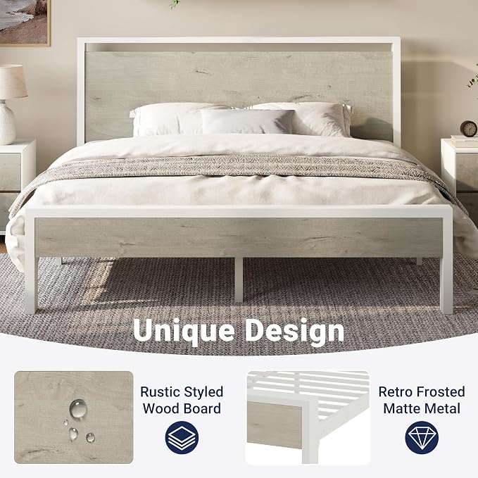 Allewie King Size Bed Frame, Heavy Duty 12 Metal Slats Support, White | Wooden Headboard and Footboard, Modern Platform Bed, No Box Spring Needed, Under-Bed Storage, Noise Free, Easy Assembly