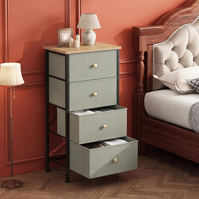 DUMOS Night Stand with Drawers, Bedside Table for Bedroom | Nightstand with 4 Removable Fabric Bins, Steel Frame with Wood Top, Small Storage Tower for Bedroom Closet, Greyish Green