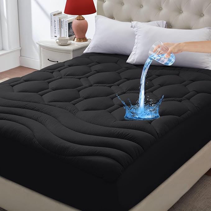 ELVEN HOME Twin Size Mattress Pad Waterproof, Pillow Top Cooling Twin Mattress Topper for Single Bed, Pee Proof Mattress Protector Cover Quilted Fitted with 8-21" Deep Pocket (39x75 inch, Black)