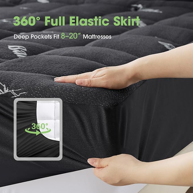 Mattress Pad Queen Size, Cooling Pillow Top Mattress Topper, Ultra Soft Viscose from Bamboo, Breathable for Hot Sleepers, Deep Pocket 8"-20", Black
