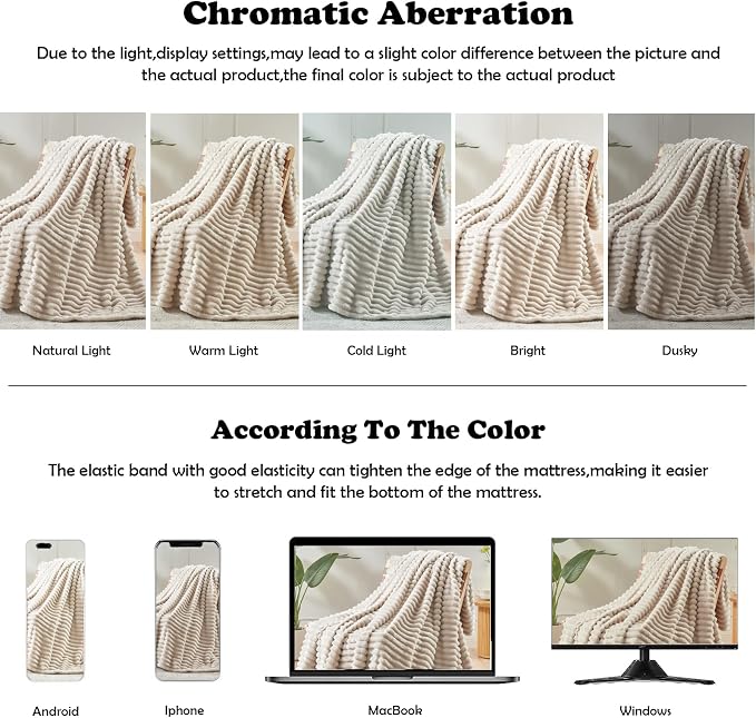 NEWCOSPLAY Fleece Ribbed Cozy Throw Blanket for Couch, Linen, 50"x60" | Premium Silky Flannel Blanket, Soft Lightweight Fluffy Throw Blanket for Bed Sofa Decor, Gift for All Season Use