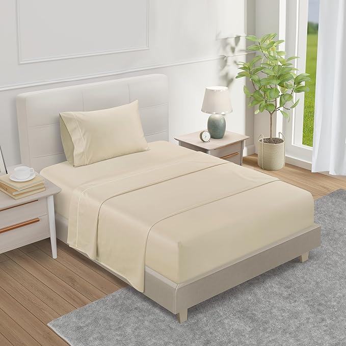 Twin XL 100% Cotton Sheets, 800 TC 3Piece Sheet & Pillowcase Sets- Ivory | Fully elasticized 15" Deep Pocket Sheets, Soft Sateen Weave Machine Washable, Naturally Cool & Breathable, OEKO TEX Certified