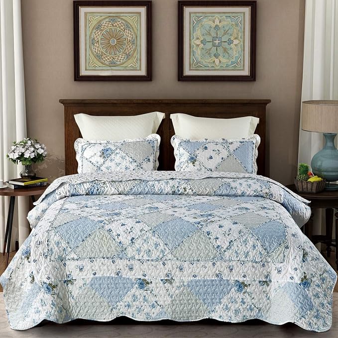 Oversized King Size Quilt Set 128x120 Blue Floral Patchwork Bedspreads Set | 3-Piece Extra Wide Super King Size Bedding Set Rversible Quilted Coverlet Lightweight Comforter Bed Cover with 2 Pillowcases