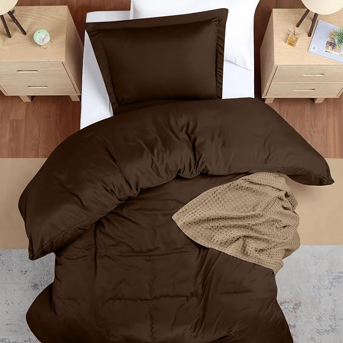 Duvet Cover Twin/Twin XL, 3 PC Cotton Like Polyester, Zipper Closure, Brown | Extra Soft and Breathable, Wrinkle & Fade Resistant, Includes Duvet Cover and 1 Pillow Sham, Comforter Not Included, OekoTex