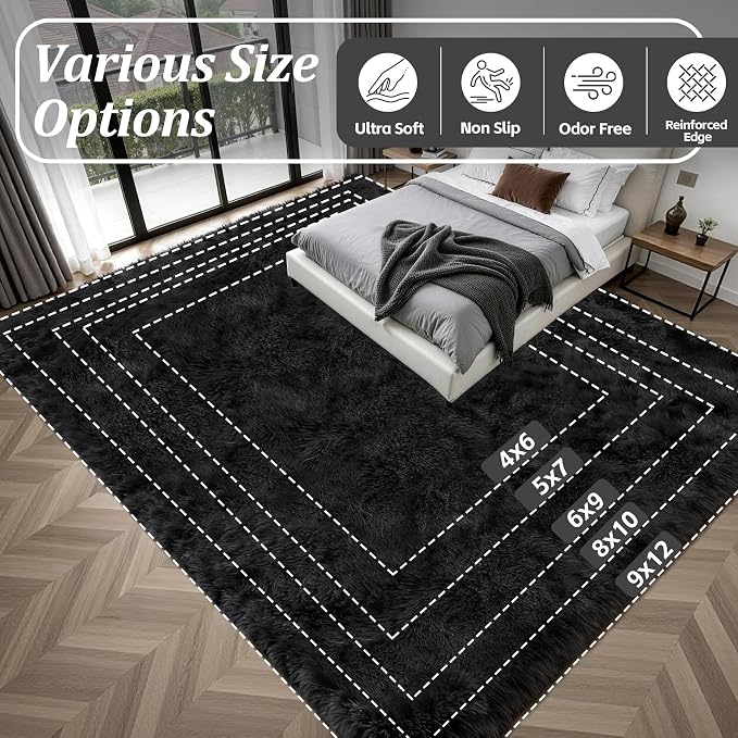 8x10 Area Rug Living Room Bedroom: Fluffy Plush Shag Carpet Black | For Kids Room Playroom Nursery Home Decor,Ultra Soft,Non-Slip Non-Shedding,Fuzzy Plush,Large Indoor Floor Carpet,Easy Clean