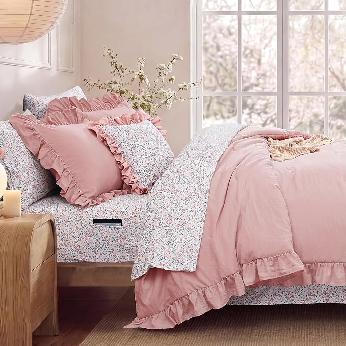 Queen Comforter Set-7 Pieces Ruffle Bedding with Floral Sheet | Soft Pink Bed in a Bag, Soft Lightweight All Season Farmhouse Queen Bedding Sets with Floral Sheets, Pillowcases & Shams