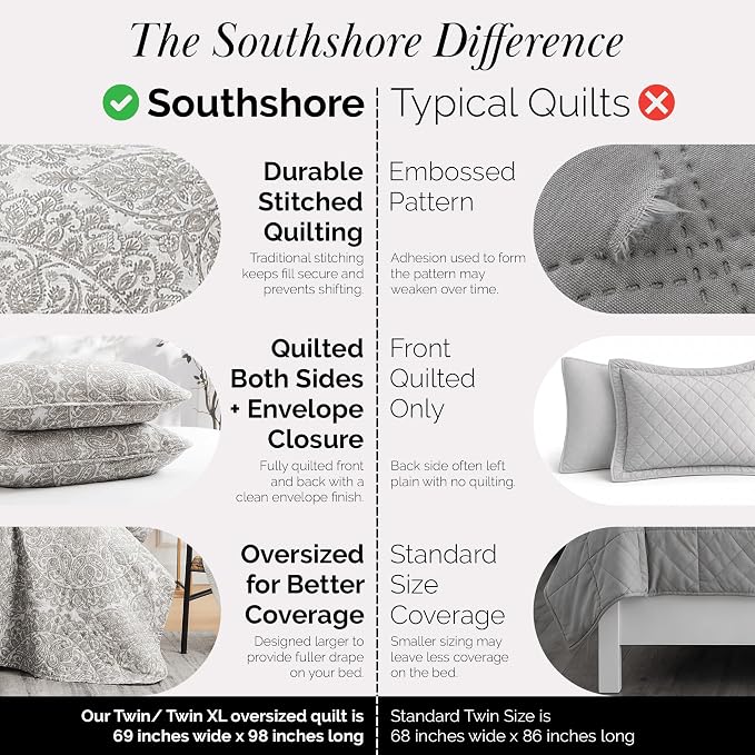 Southshore Fine Living, Inc. Beige Quilt Twin XL Dorm Bedding Set, Hotel Quality Boho Bed Spread for Vacation Homes, Twin XL Quilt Bedspread Set w/Pillow Sham, Lightweight Bedspread, Ashanti Bone