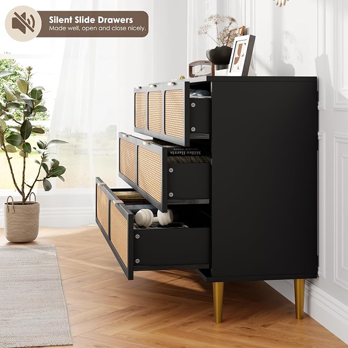 GarveeHome Rattan 7 Drawer Dressers for Bedroom, Deep Drawer, Black | Tall Dresser, Wide Top, for Living Room, Hallway, Kids Room, Large Chest of Drawers for Closet, Long Wooden Dresser