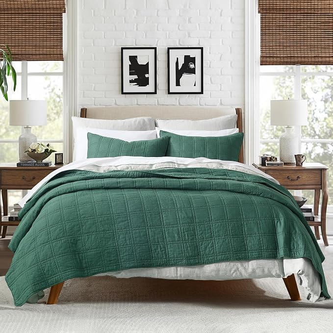HORIMOTE HOME 100% Cotton Quilt Set King Size, Dark Green Pre-Washed Bedspreads Coverlet Set in Geometric Pattern, Cozy Lightweight Stitching Decorative Bedding Cover with 2 Shams for All Season
