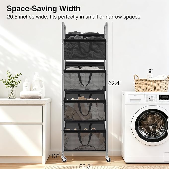 STO STO 4-Tier Vertical Rolling Laundry Hamper, Removable Bags, Black Mesh | 160L Capacity, Space-Saving Vertical Design, Rust-Resistant Steel Frame, Lockable Wheels, Ideal for Apartments & Small Spaces
