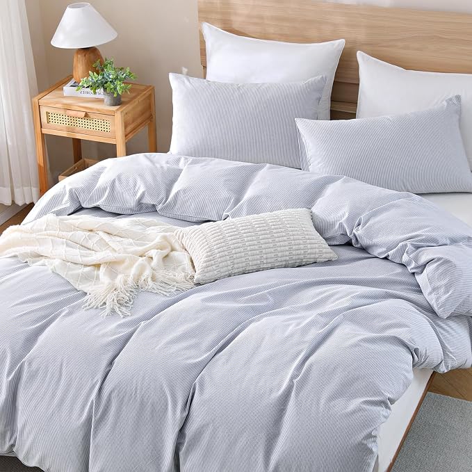 TOCOMOA Blue Striped Duvet Cover Set 100% Washed Cotton Like Linen, King | Linen-Like Feel Soft, Breathable & Comfy for All Season. Pinstriped Bedding Set with Zipper & 8 Ties. 3 Pcs, No Insert