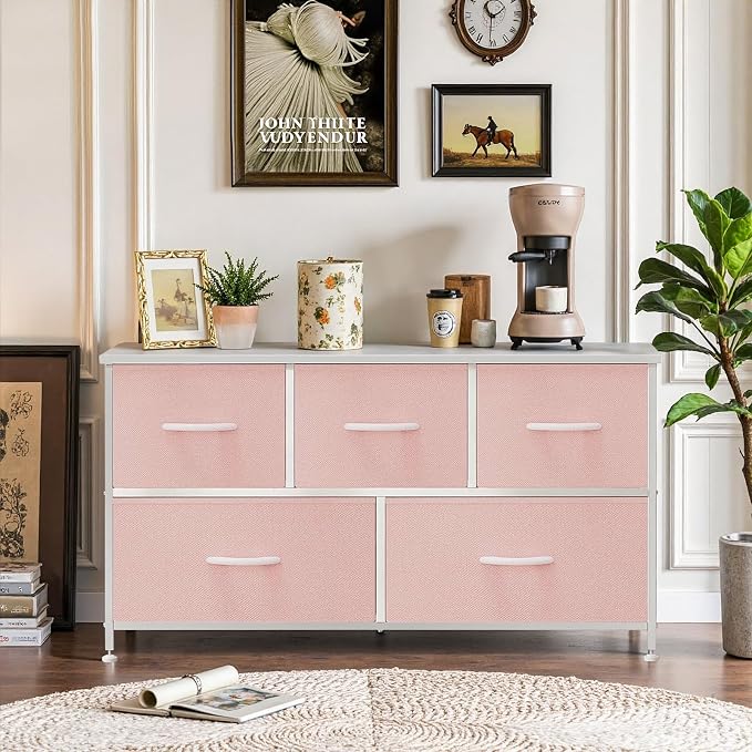 5-Drawer Dresser for Bedroom, Anti-Tip Wide Storage Organizer Fabric | Chest of Drawers TV Stand for 45" TV with Wooden Top and Metal Frame for Closet, Living Room, Hallway, Entryway, Pink