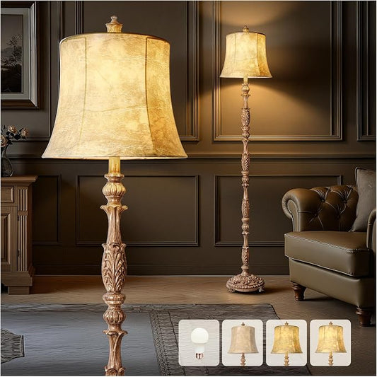 Scenekoy Vintage 66” Tall Floor Lamp for Living Room Bedroom | Resin Carved Standing Lamp with Faux Leather Shade, Adjustable Bulb, Rotary Switch Rustic Lamp for Home Decor (Light Brown)