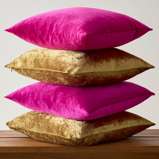 GIGIZAZA Pack of 4 Decorative Velvet Pillow Covers 18x18 Hot Pink Gold | Throw Pillows for Couch Sofa,280gsm Soft Textured Fabric,Modern Accent Pillowcases,Luxury Living Room Cushion Covers