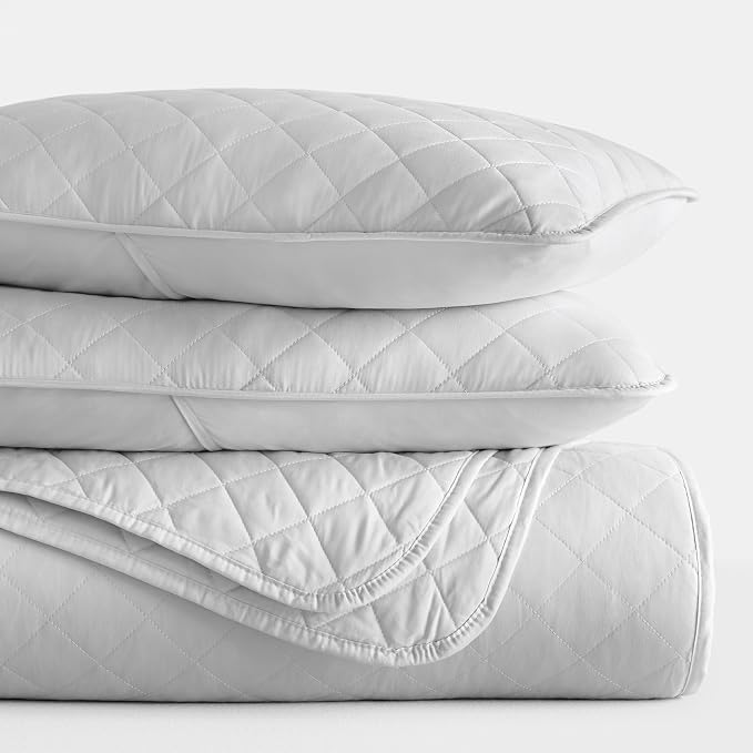 Merit Linens Modern Quilt Coverlet Soft Set in Diamond Stitching - King/Cal-King Light Gray