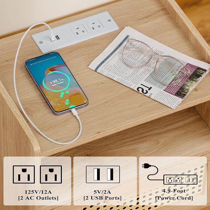 Lerliuo Rattan Nightstands Set of 2 with Charging Station, Boho Night Stand | Handmade Natural Rattan Drawer and Open Shelf, Side End Tables with Solid Wood Legs for Bedroom, Dorm, Small Spaces