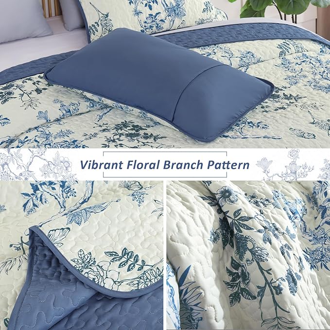 WONGS BEDDING Floral Quilt Set Queen,3 Pcs Blue Bedspreads Coverlets Set | Spring Summer Floral Farmhouse Bedspread with 2 Shams,Soft Microfiber Lightweight Coverlet for All Season 96"×90"