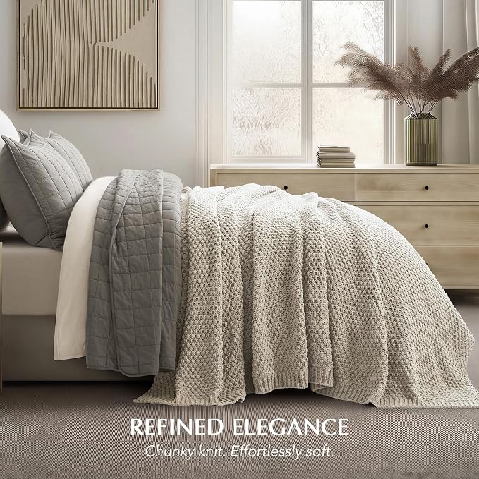 EVERGRACEHOME Chunky Chenille Knit Throw Blanket, 108x92, Warm Gray | Sculpted Moss Stitch, Chic Modern Farmhouse, All-Season Warmth, OEKO-TEX® Certified, Oversized King for Couch, Bed, Sofa