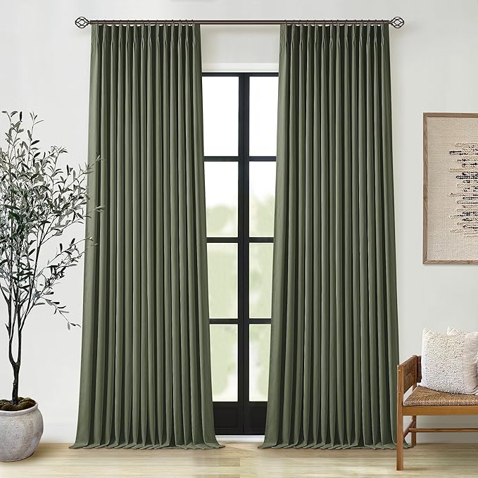 Olive Green Pleated Linen Blackout 102 Inch Curtains for Bedroom 2 Panels | 100% Black Out Thermal Insulated, Pinch Pleat with Rings Hooks, Room Darkening Drapes with Liner, for Living Room W40xL102