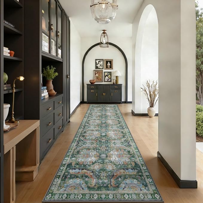2x8 Hallway Runner Rug, Washable Vintage Retro Long Runner Rugs for Kitchen Laundry, Soft Ultra Thin Non Slip Low Pile Traditional Area Carpet for Bedroom Bathroom Indoor, Green