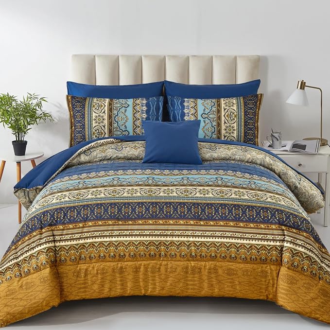 Cottolester Boho King Comforter Set Brown Blue Striped Bed in A Bag | 8 Piece Bohemian Comforter,Paisley Striped Bedding Sets,Soft Microfiber Bedding Set for All Season