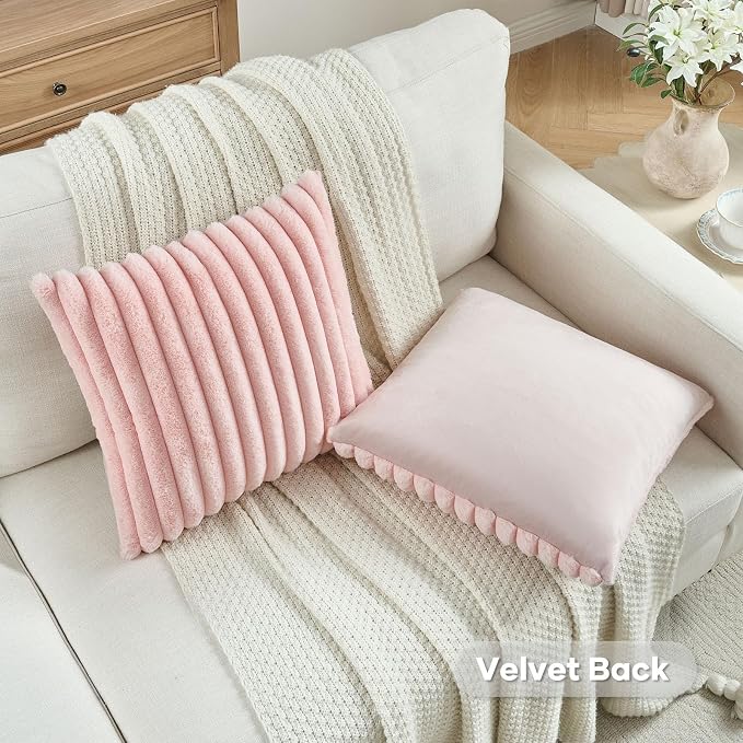 FUTEI Pack of 2 Faux Fur Throw Pillow Covers 22x22 Inch, Pink | Fluffy Faux Rabbit Fur Front/Premium Velvet Back,Hidden Zipper,Machine Washable,Non-Shedding,Colorfast,Insert Not Included.