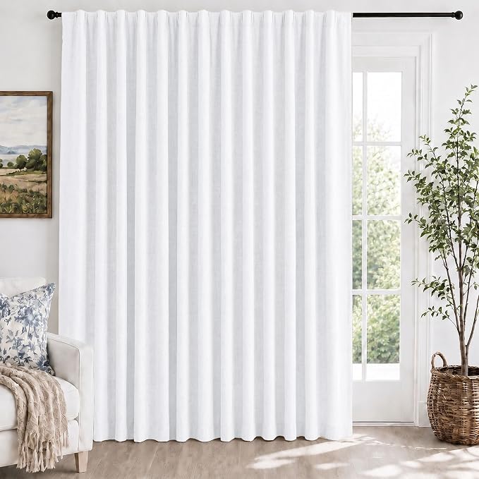Deconovo 100% Blackout Curtains for Bedroom, Linen Textured Thermal Insulated Drapes with 20 Clip Rings, Noise Reducing Curtains for Nursery, Set of 2, White, 100" W x 96" L (Pack of 1)