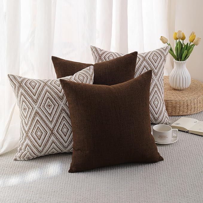 HPUK Throw Pillow Covers 18x18, Set of 4, Chocolate Couch Pillow Covers | Polyester fabric, patterned and solid designs, hidden zippers, machine washable, for sofas and beds, inserts not included