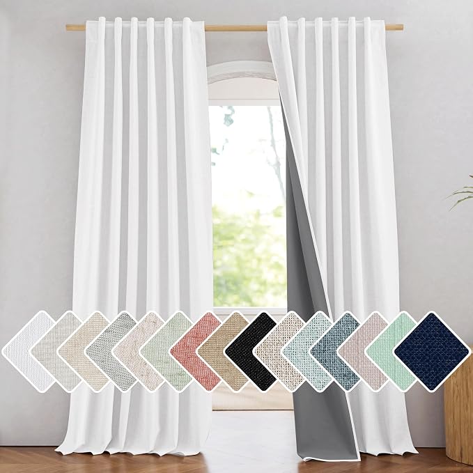 NICETOWN Greyish White 100% Blackout Linen Curtains 90" Long Set of 2 | Farmhouse Thick Completely Blackout Window Treatment Panels Thermal Insulated Drapes for Living Room, 52" Width Each Panel