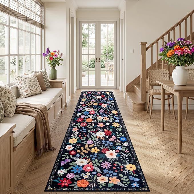 PLHXFR 2.6x14 Washable Runner Rug：Floral Indoor Kitchen Soft Carpet Black | For Hallway Bedroom Kitchen Laundry Bathroom Dorm,Vintage Floral,Machine washable,Non Slip,Stain Resistant,Indoor Floor