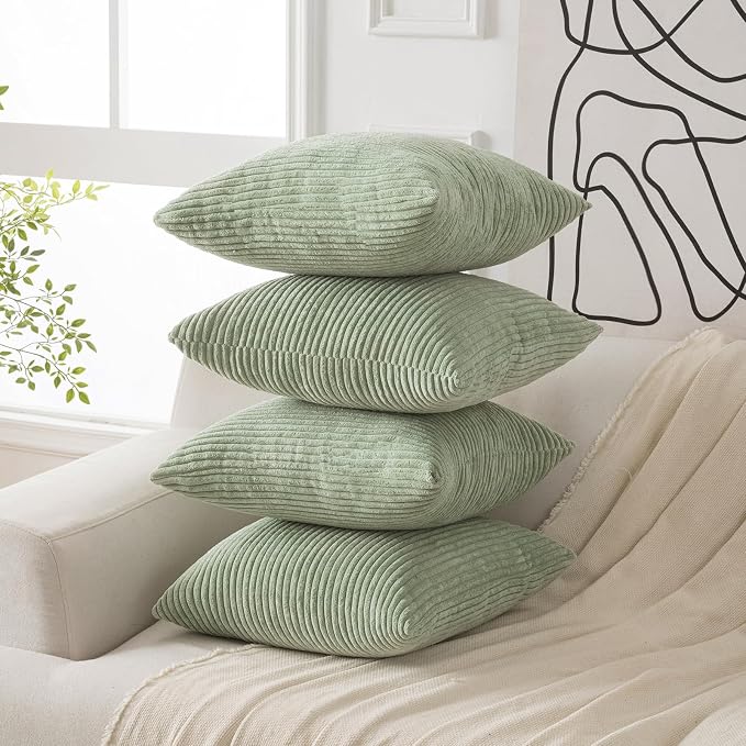 Volcanics Set of 4 Sage Green Corduroy Couch Throw Pillow Covers 18x18 in | Decorative Western Modern Farmhouse Striped Cushion Cases, Soft Boho Square Accent Pillow Covers for Home Sofa