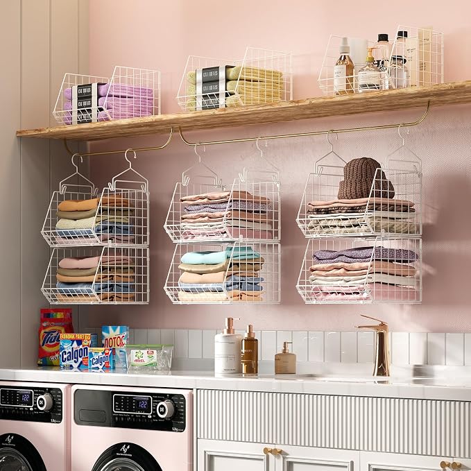 X-cosrack 6 Tier Closet Hanging Organizer, Clothes Hanging Shelves with 4 Hanging Hooks 5 S Hooks, Wire Storage Basket Bins, for Clothing Sweaters Shoes Handbags Clutches Accessories Patent