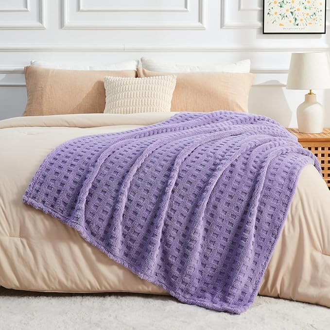 NEWCOSPLAY 3D Waffle Checkered Flannel Twin Blanket, Lavender, 60"x80" | Super Soft Cute Lightweight Decorative Premium Silky Fleece Blanket for Couch Sofa Bed, Gift for Women Men, All Season Use