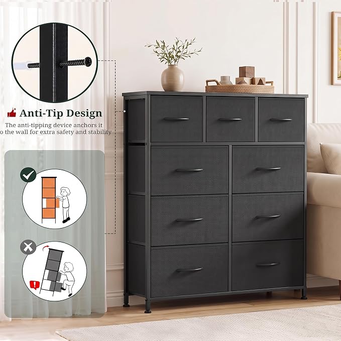 9-Drawer Dresser Anti-Tip Tall Storage Organizer | Chest of Drawers with Wooden Top and Metal Frame Fabric Bins for Bedroom, Closet, Hallway, Entryway, Ink Black