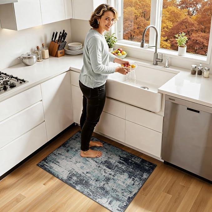 RELEANY Washable 2'x3' Abstract Area Rug for Living Room Teal Black | Carpet for Bedroom, Kitchen, Office, Hallway and Entryway, Printed Pattern, Non‑Slip, Soft, Stain‑Resistant, Easy to Clean