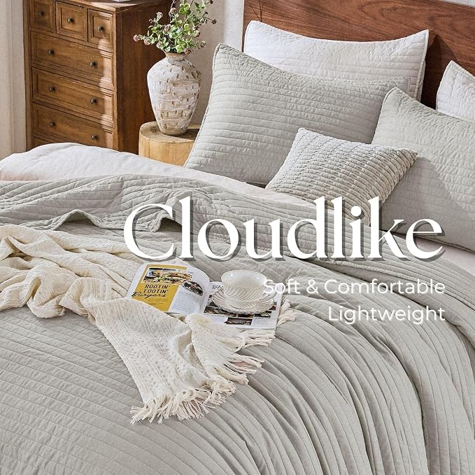 DOWN HOME Cali King Quilt Bedding Set with Shams, Vintage Washed Quilted Blanket Thin Comforter Lightweight Bedspread Coverlet Bed Cover, Brushed Microfiber Stripe Stitching, Light Gray, 111"x92"