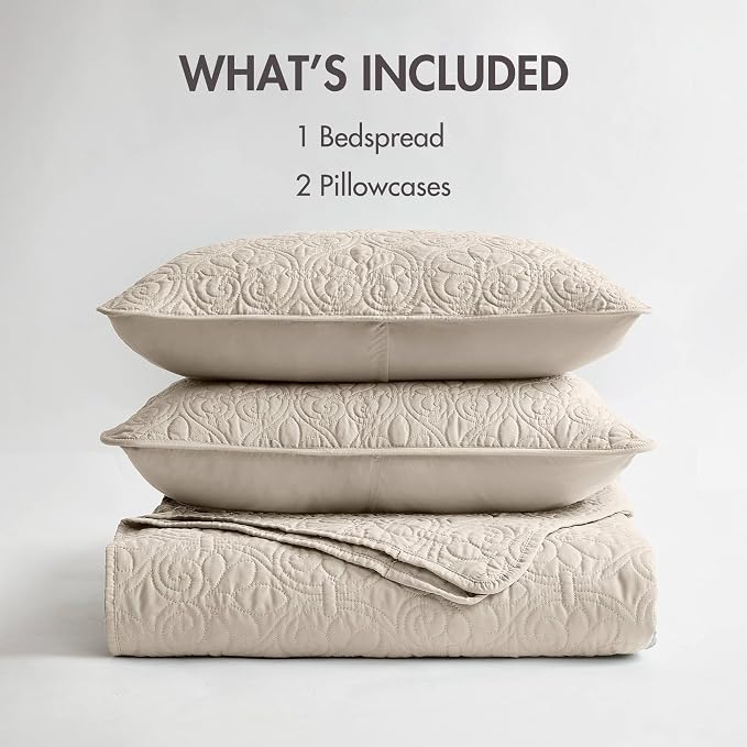 Madison Park Quebec Full Size Quilt Bedding Set - Ivory , Damask – 3 Piece Bedding Quilt Coverlets – Ultra Soft Microfiber Bed Quilts Quilted Coverlet | All Season Quilted Coverlet, Classic Stitch Pattern Bedspread & Shams, Ultra Soft Microfiber Bedspr...